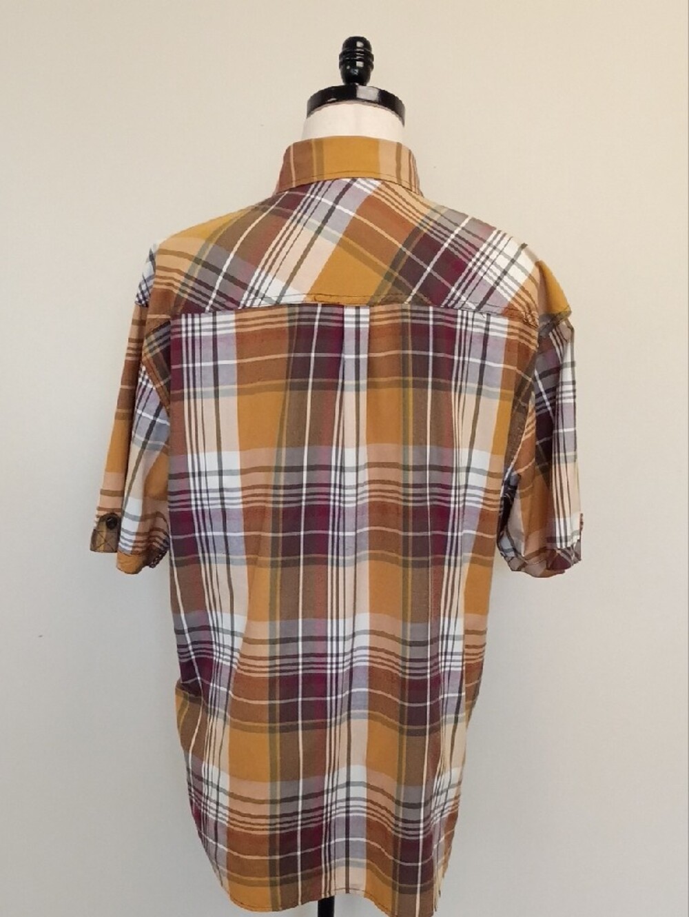 Knockout Jeans Plaid Short Sleeve Button Up Shirt Mustard Burgundy XXL - Picture 3 of 7